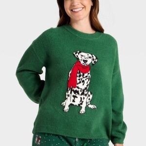 New Women's Sz Small Green Sweater With A Dalmatian Wearing A Red Scarf🧣